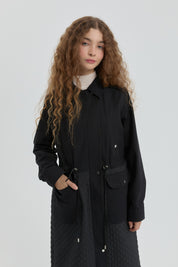Fine Quilted Trimmed Drawstring Waist Coat - Black