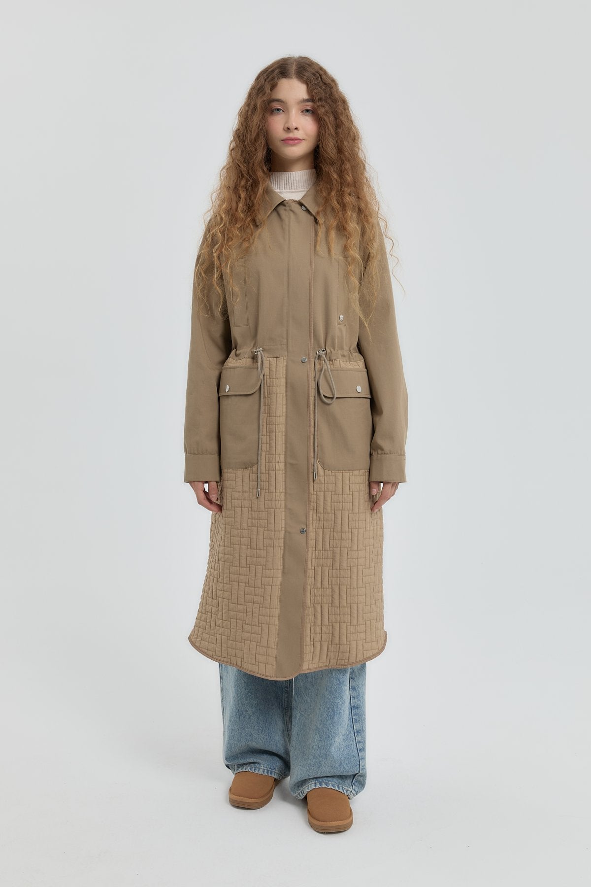 Fine Quilted Trimmed Drawstring Waist Coat - Mink