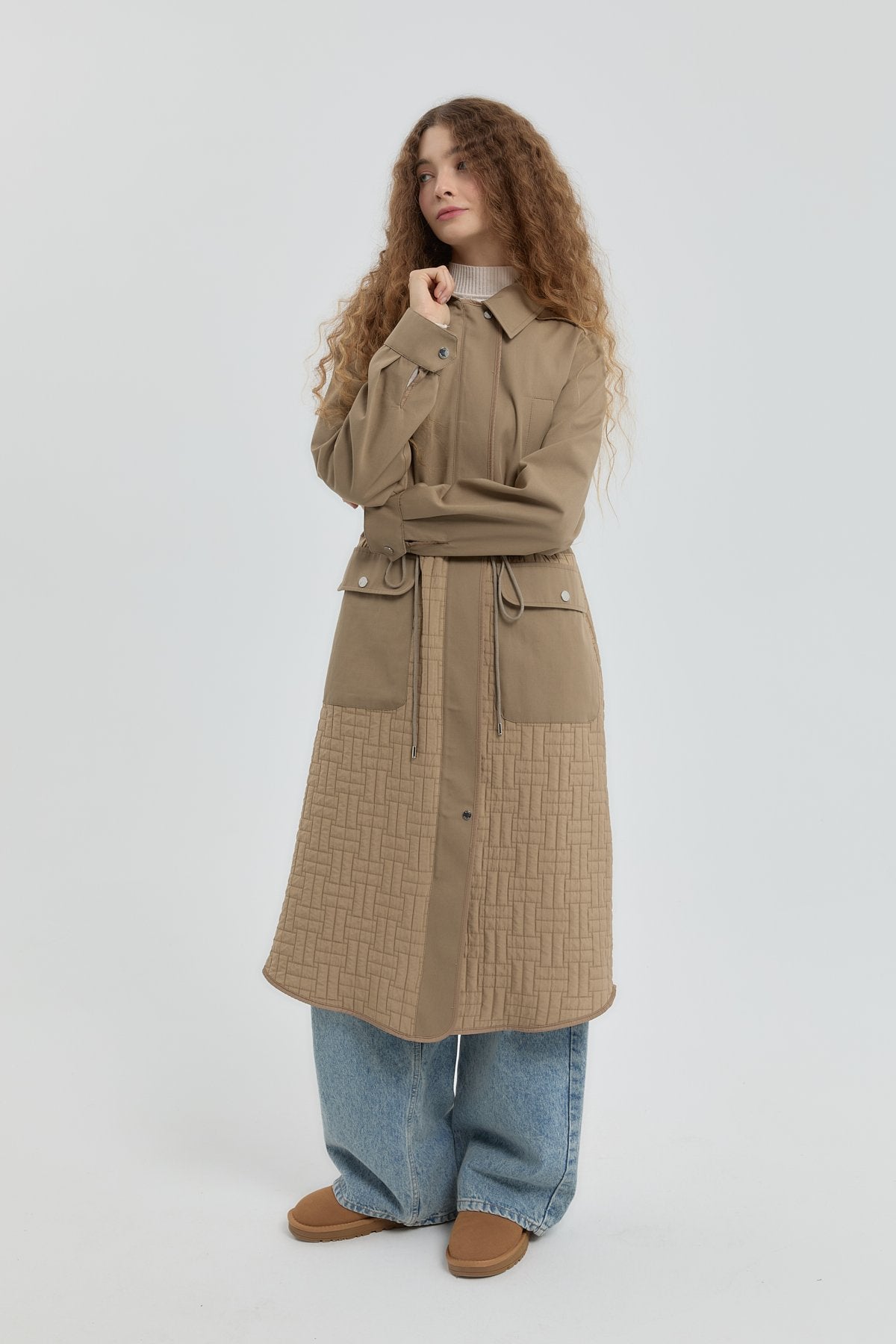 Fine Quilted Trimmed Drawstring Waist Coat - Mink