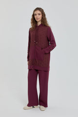 Fine Quilted Knitted Pants and Tunic Set - Burgundy