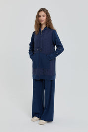 Fine Quilted Knitted Pants and Tunic Set - Navy Blue