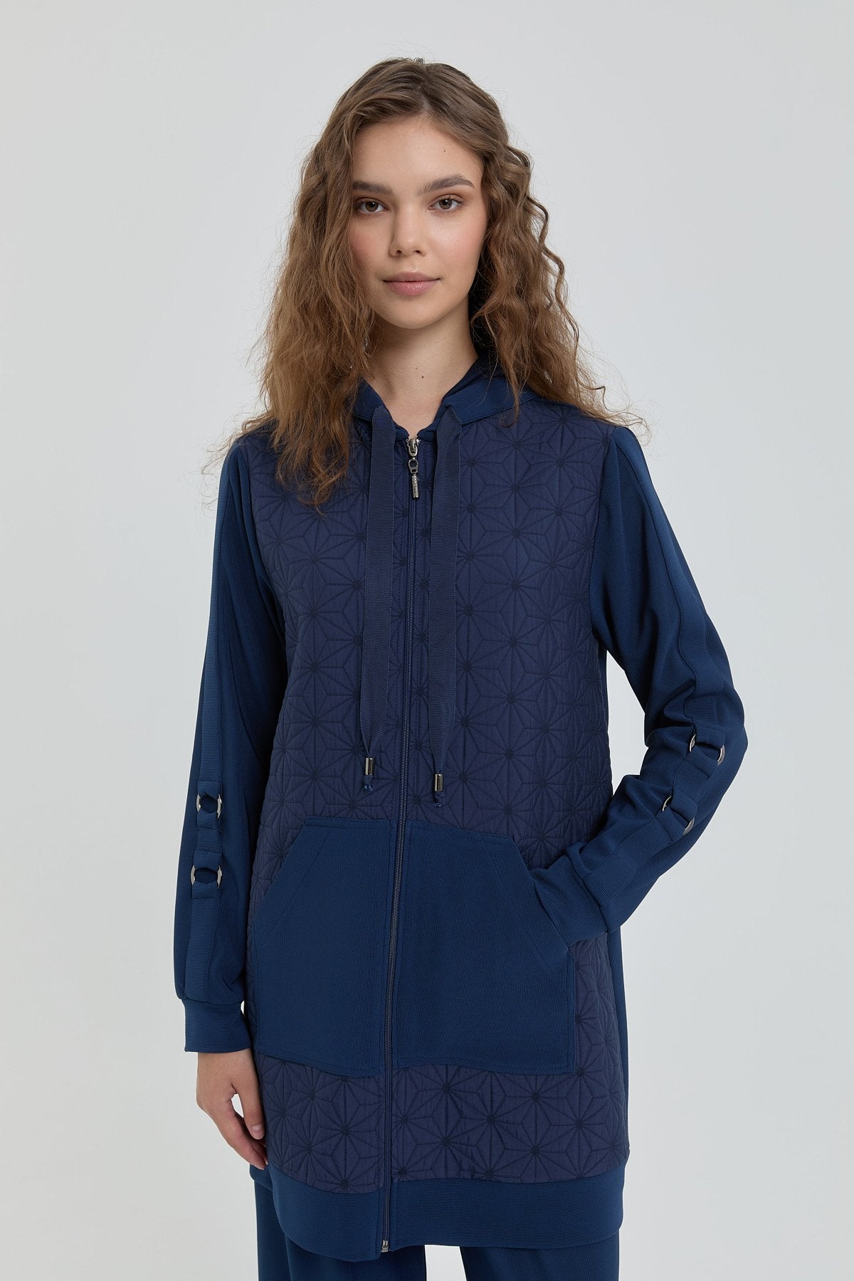 Fine Quilted Knitted Pants and Tunic Set - Navy Blue