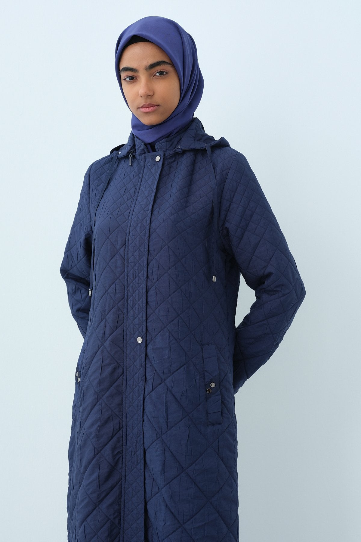 Fine Quilted Grosgrain Detail Trench Coat - Navy Blue