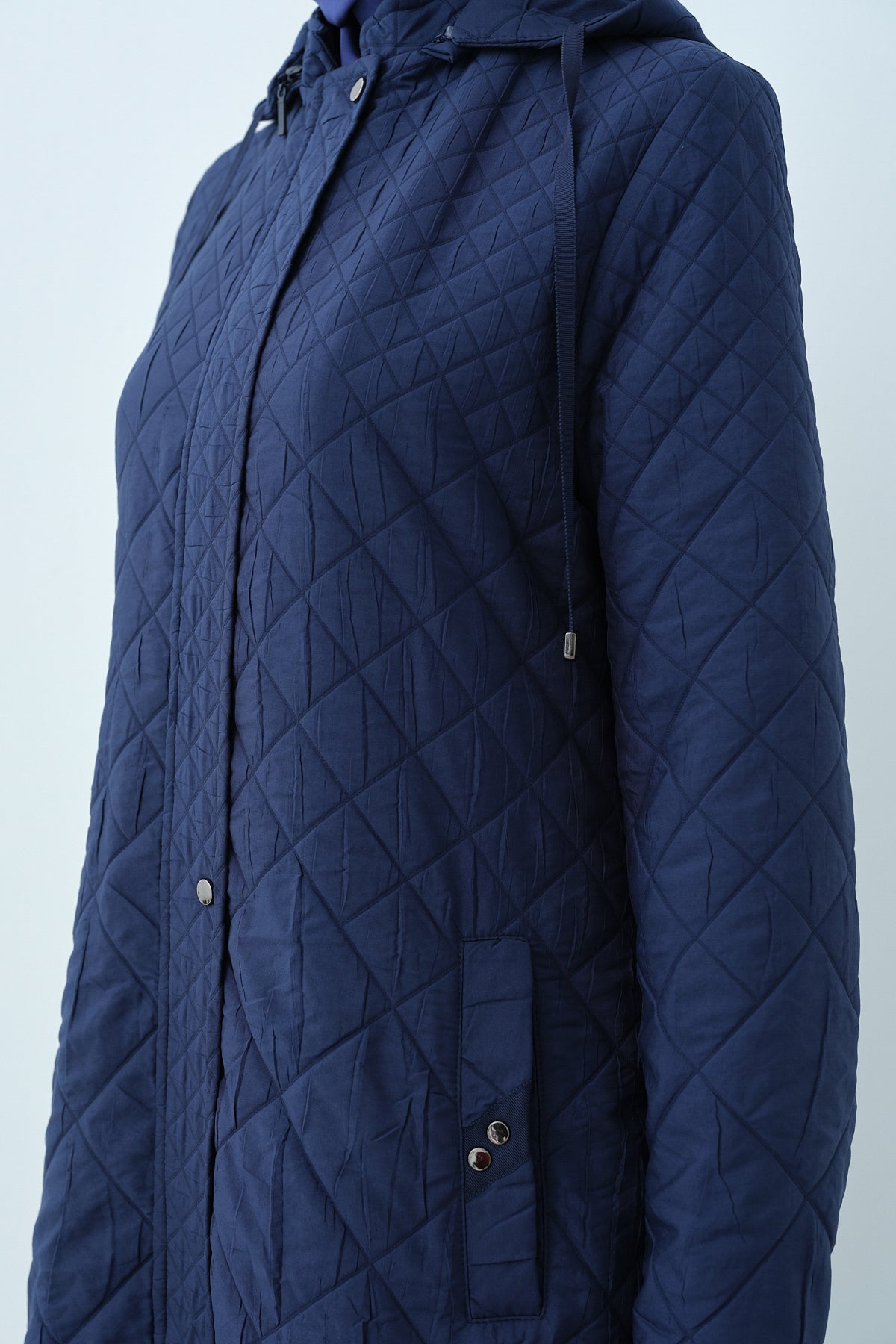 Fine Quilted Grosgrain Detail Trench Coat - Navy Blue