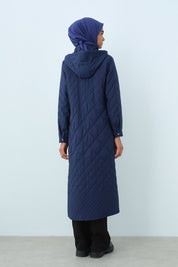 Fine Quilted Grosgrain Detail Trench Coat - Navy Blue
