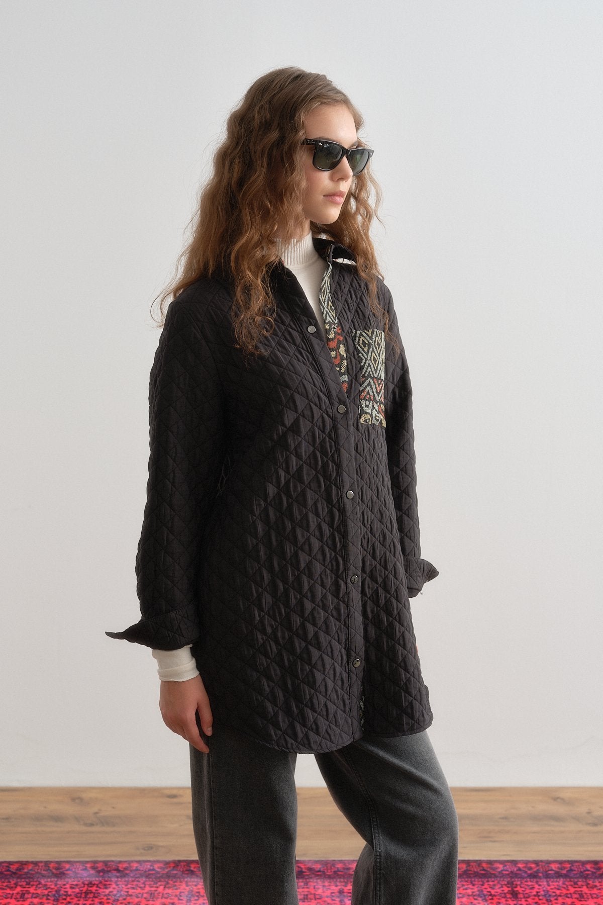 Fine Quilted Jacquard Trimmed Jacket - Black