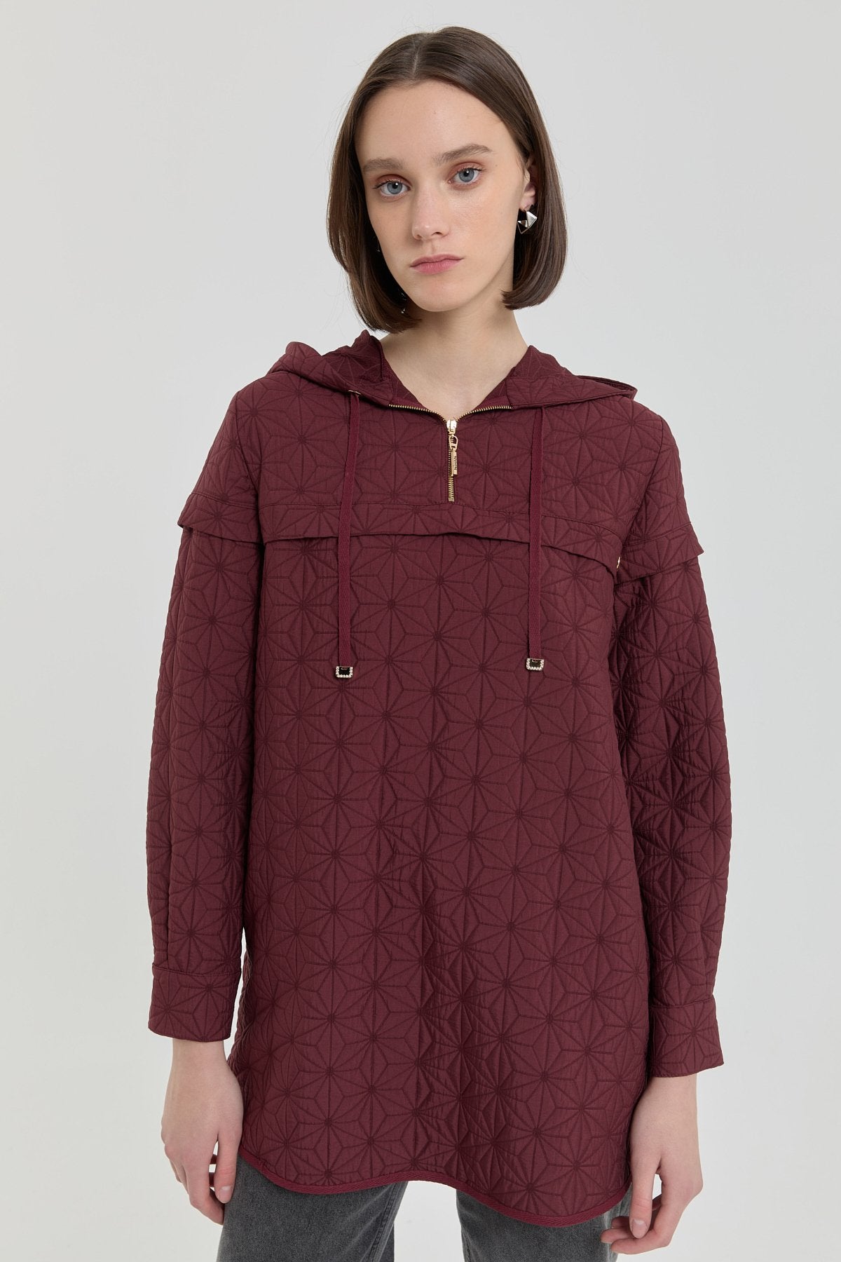 İnce Kapitone Kapşonlu Sweat - Bordo
