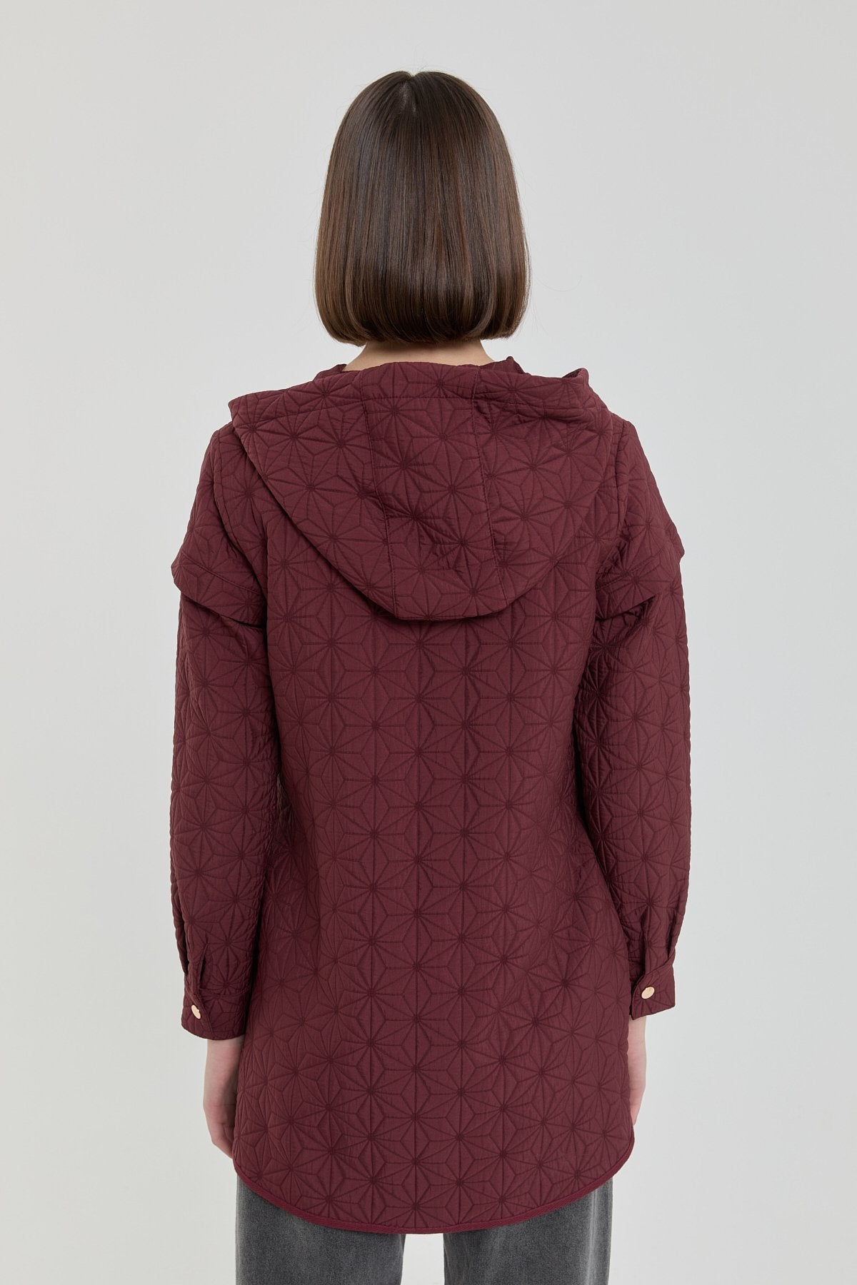 İnce Kapitone Kapşonlu Sweat - Bordo