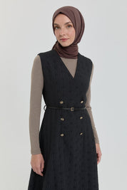 Thin Quilted Waistcoat with Belt - Black