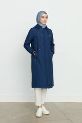 Fine Quilted Sleeves Ribbed Coat - Navy Blue