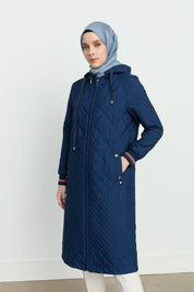 Fine Quilted Sleeves Ribbed Coat - Navy Blue