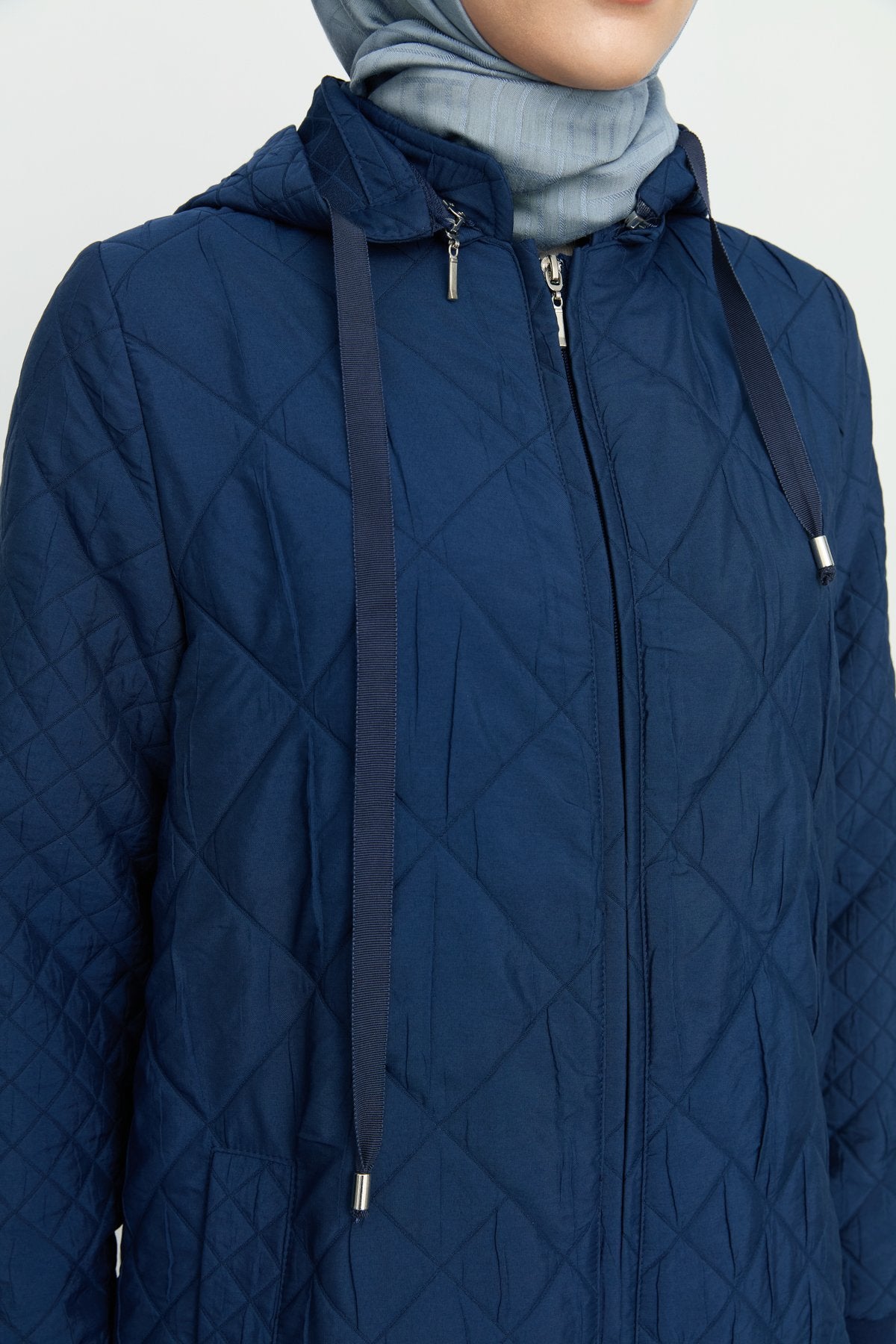 Fine Quilted Sleeves Ribbed Coat - Navy Blue