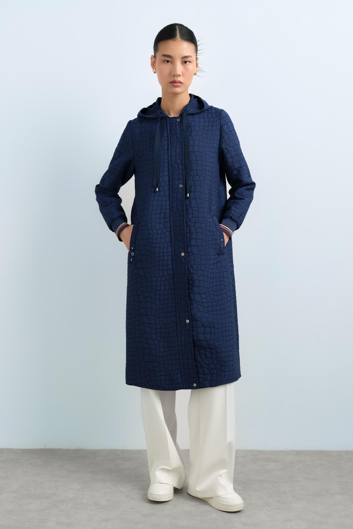 Thin Quilted Sleeves, Ribbed Hooded Jacket - Navy Blue