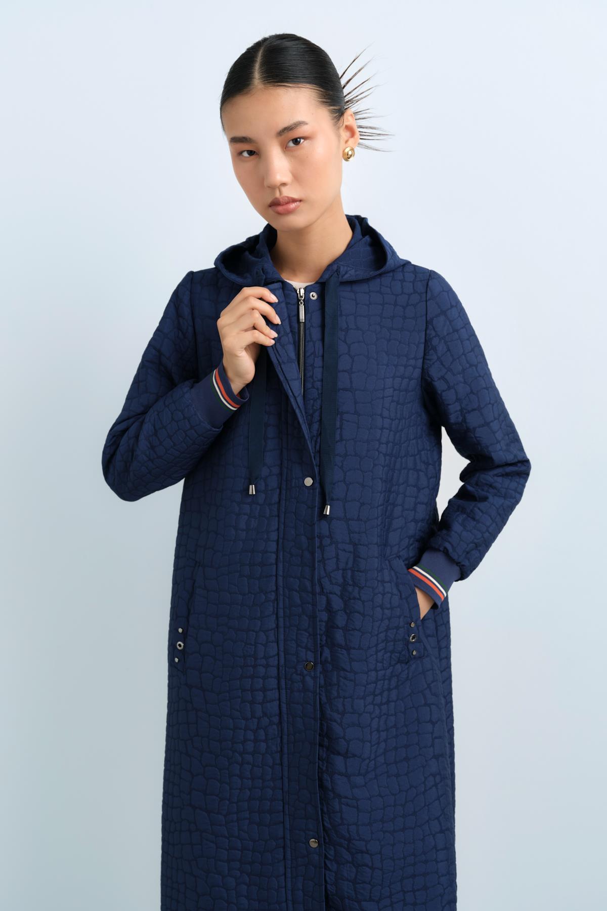 Thin Quilted Sleeves, Ribbed Hooded Jacket - Navy Blue