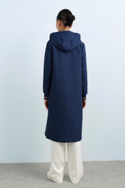 Thin Quilted Sleeves, Ribbed Hooded Jacket - Navy Blue