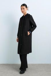 Thin Quilted Sleeves, Ribbed Hooded Jacket - Black