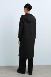 Thin Quilted Sleeves, Ribbed Hooded Jacket - Black