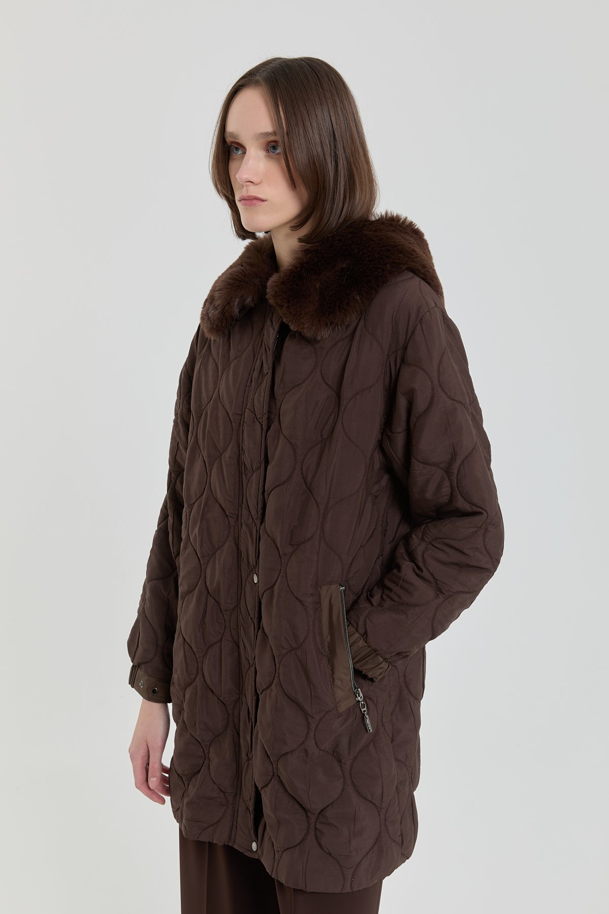 Fine Quilted Fur Hooded Coat - Coffee