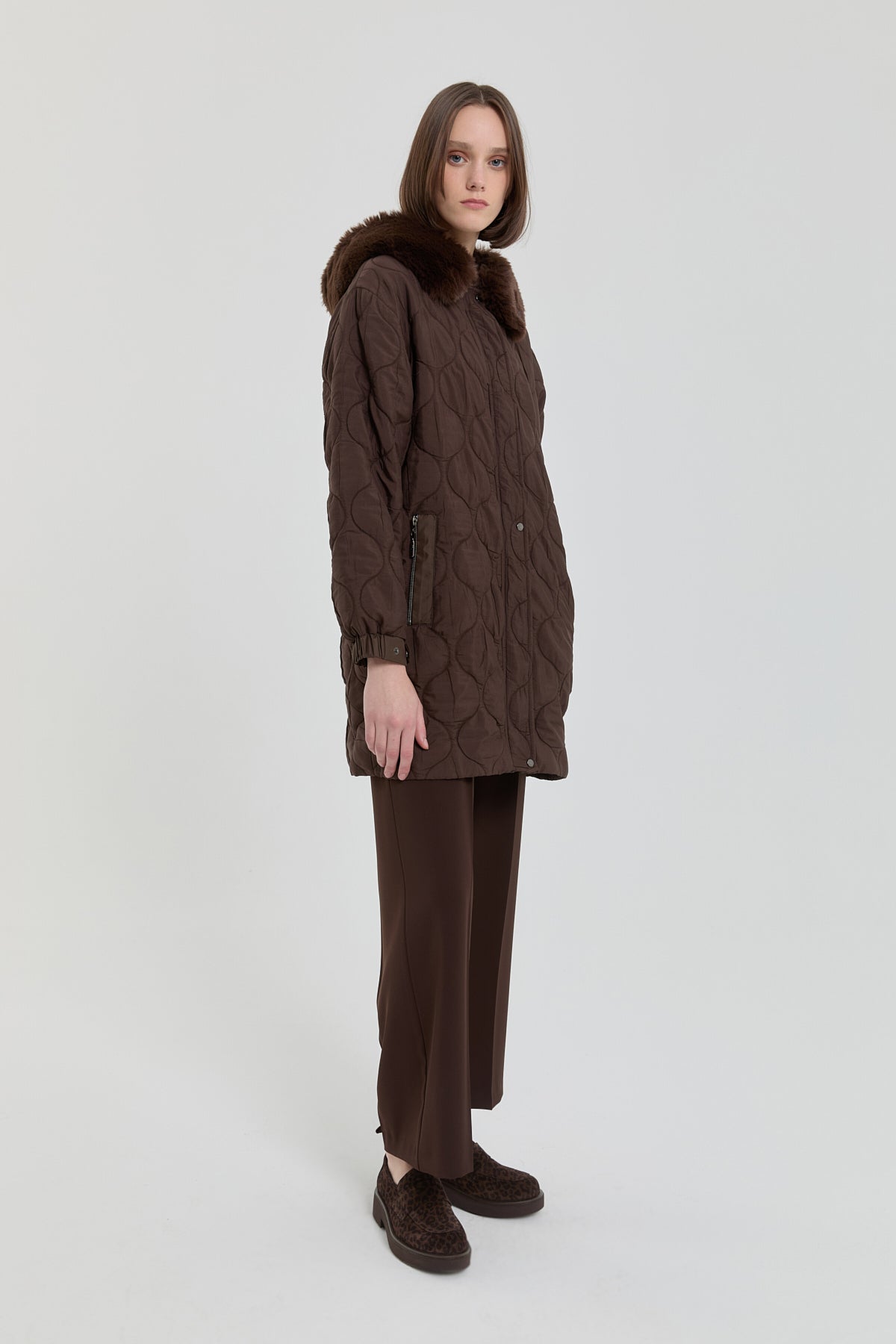 Fine Quilted Fur Hooded Coat - Coffee