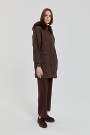 Fine Quilted Fur Hooded Coat - Coffee