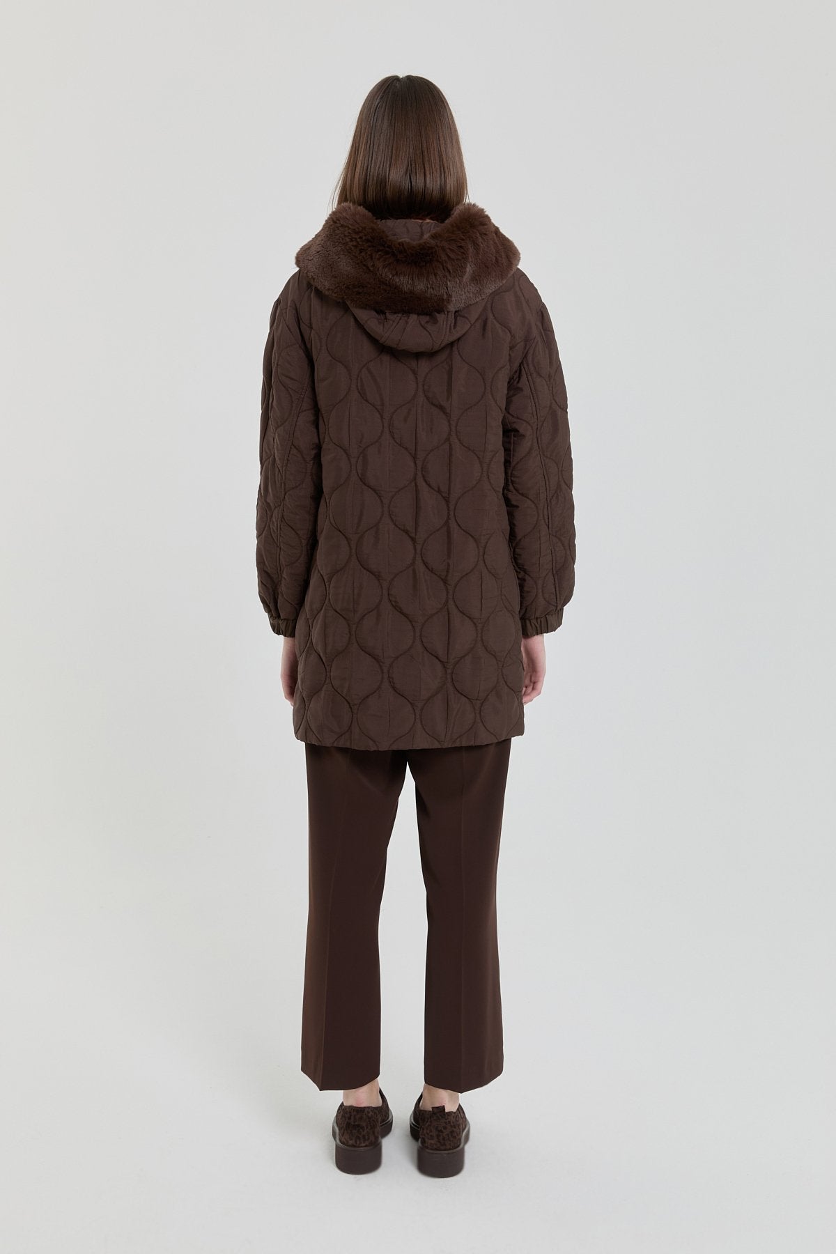 Fine Quilted Fur Hooded Coat - Coffee