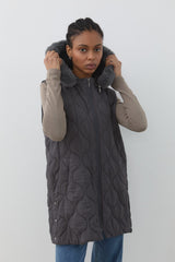 Fine Quilted Fur Hooded Vest - Anthracite