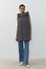 Fine Quilted Fur Hooded Vest - Anthracite