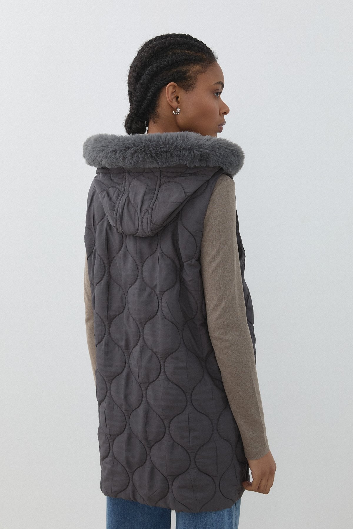Fine Quilted Fur Hooded Vest - Anthracite