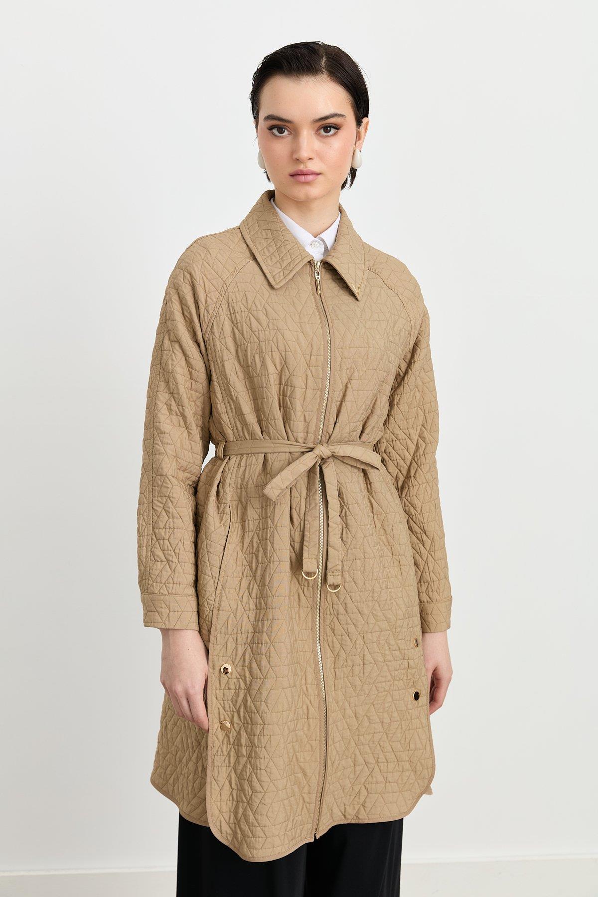 Fine Quilted Belted Coat - Beige