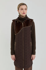Thin Quilted Vest with Plush Details - Coffee