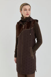 Thin Quilted Vest with Plush Details - Coffee