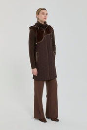 Thin Quilted Vest with Plush Details - Coffee