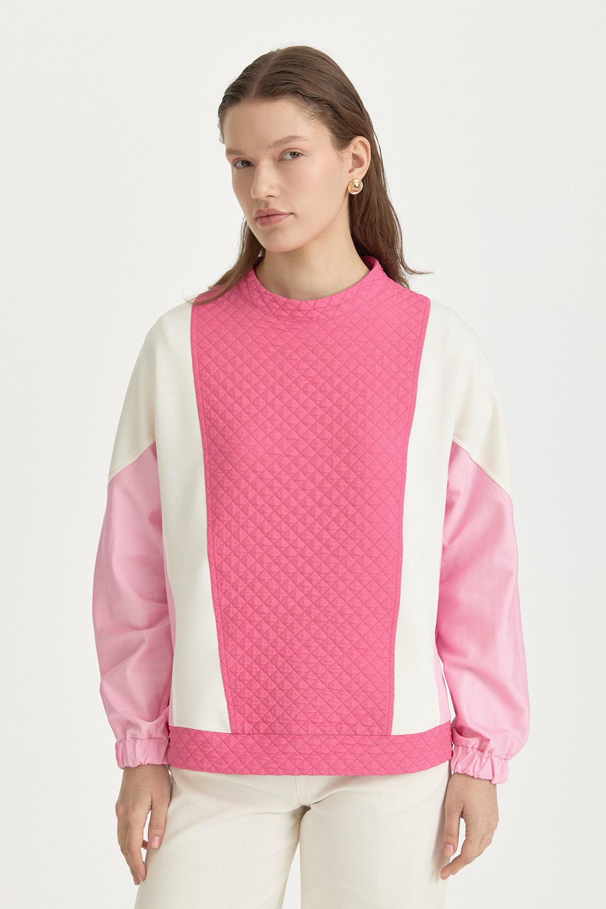 İnce Kapitone Renk Bloklu Sweat - Pembe