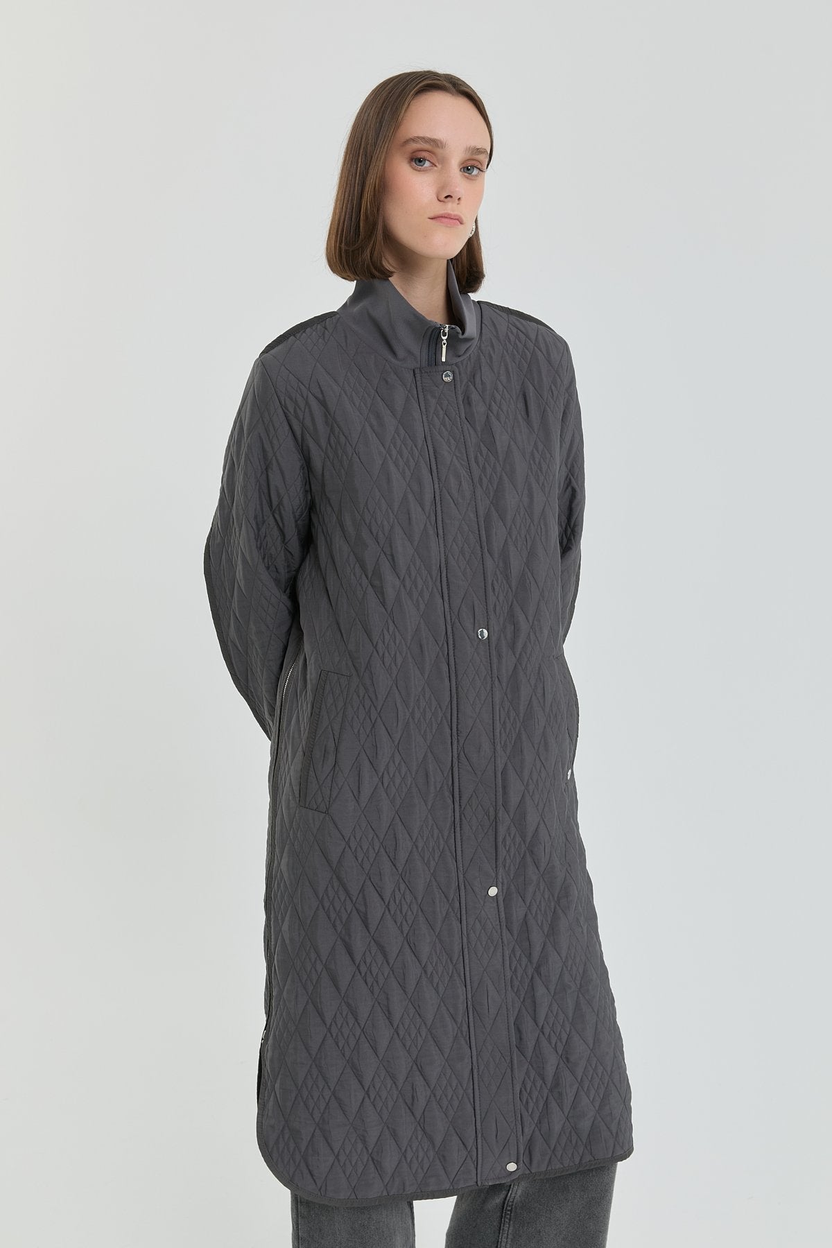 Fine Quilted Ribbed Coat - Anthracite