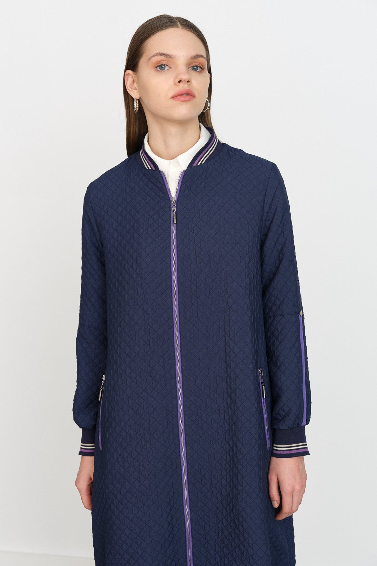 Fine Quilted Ribbed Coat - Navy Blue