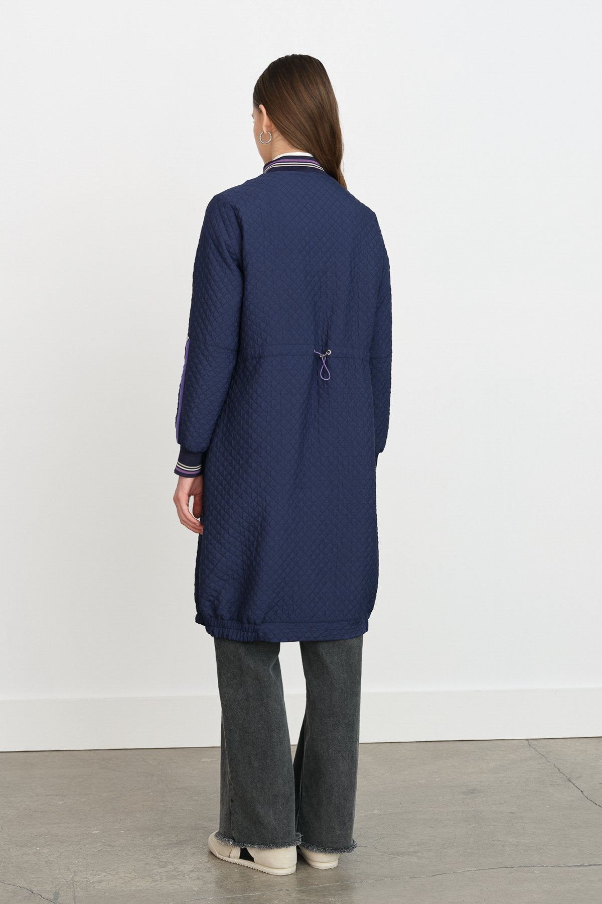 Fine Quilted Ribbed Coat - Navy Blue