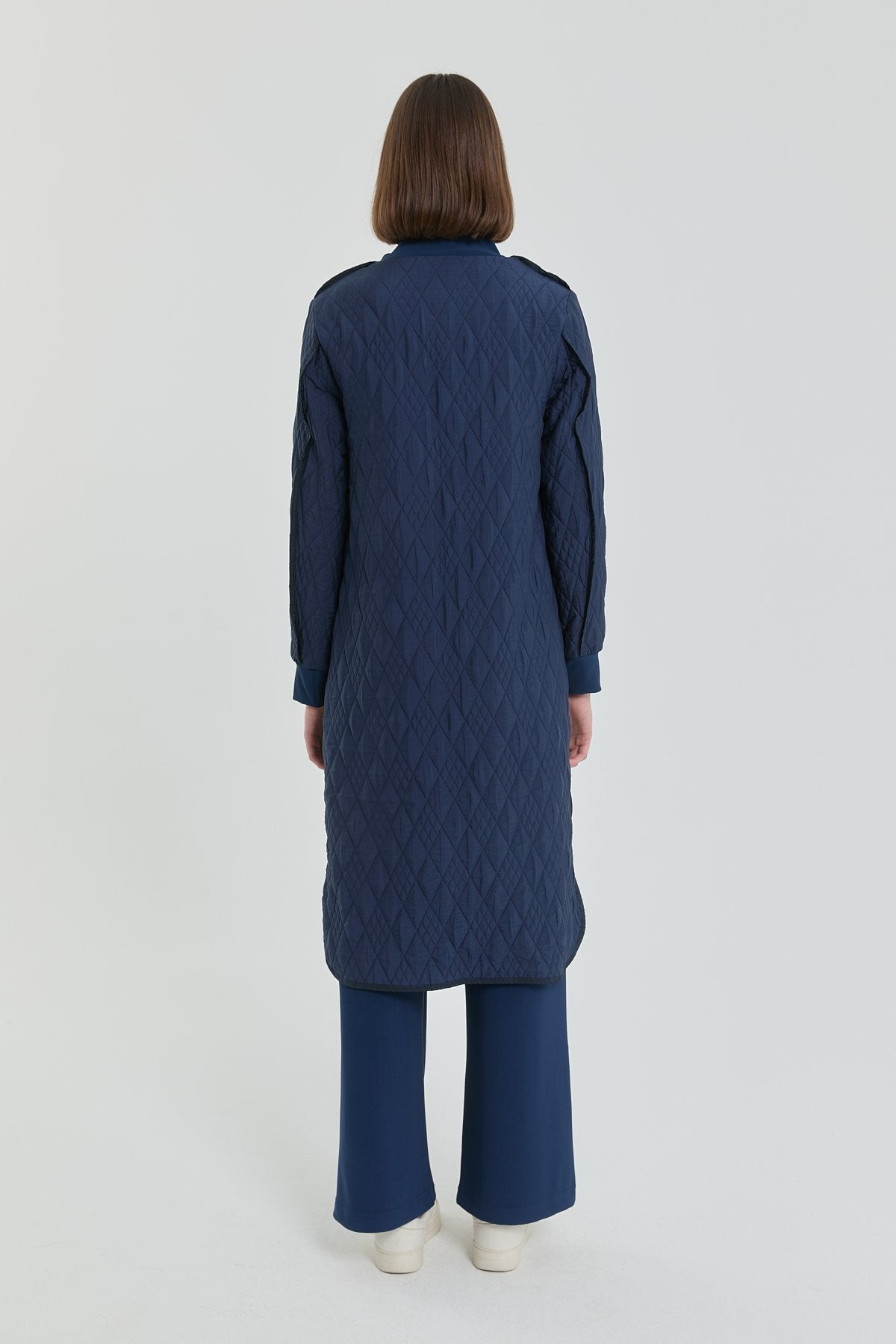 Fine Quilted Ribbed Coat - Navy Blue