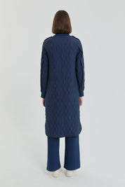 Fine Quilted Ribbed Coat - Navy Blue