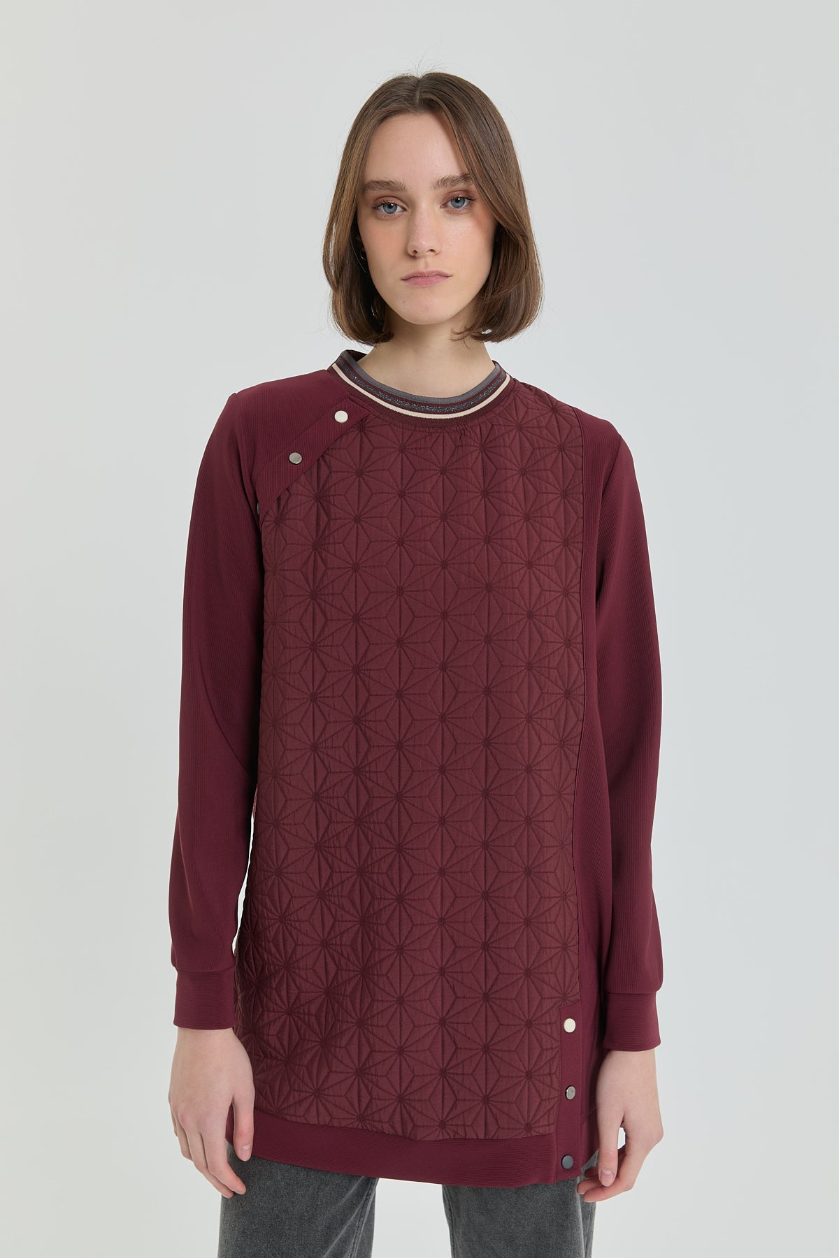 İnce Kapitone Ribanalı Sweat - Bordo