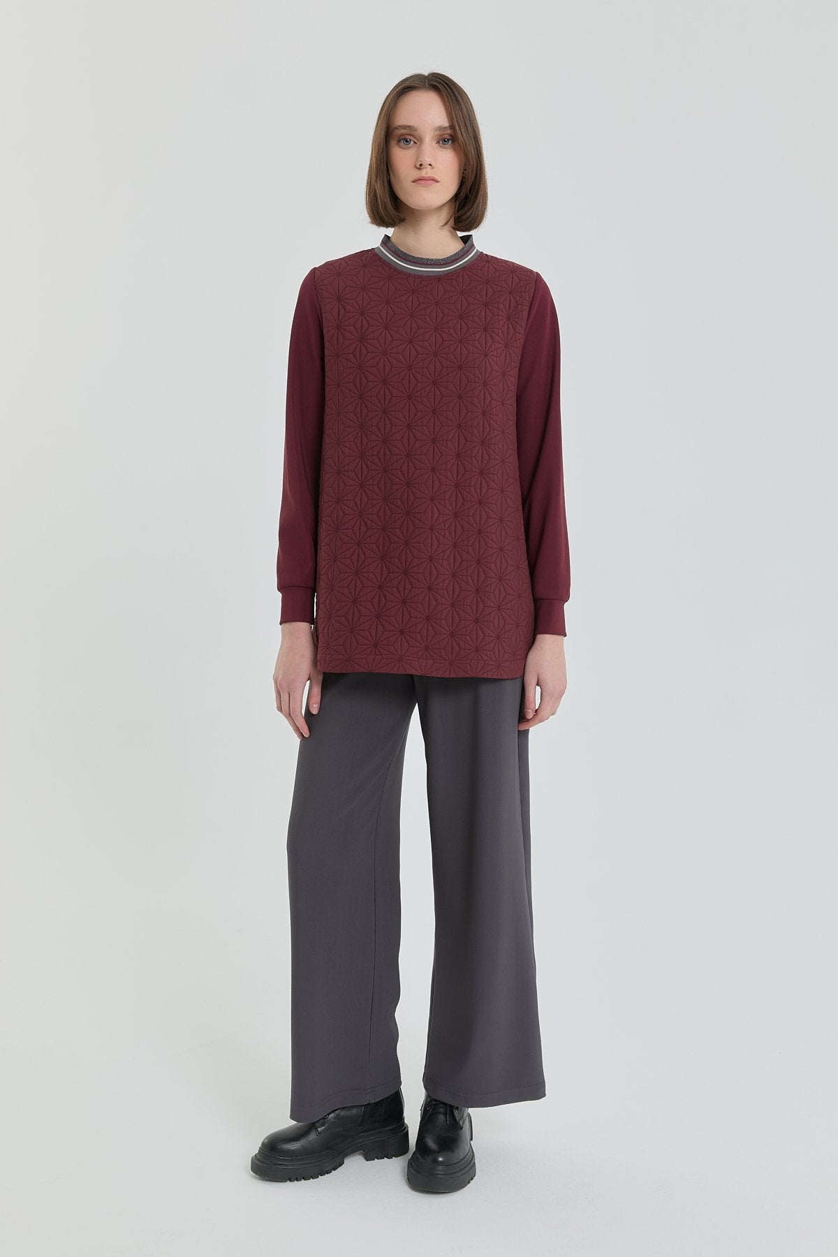 Fine Quilted Ribbed Tunic - Burgundy