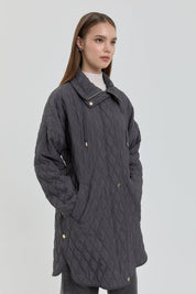 Fine Quilted Coat with Snap Button Detail on the Sides - Anthracite