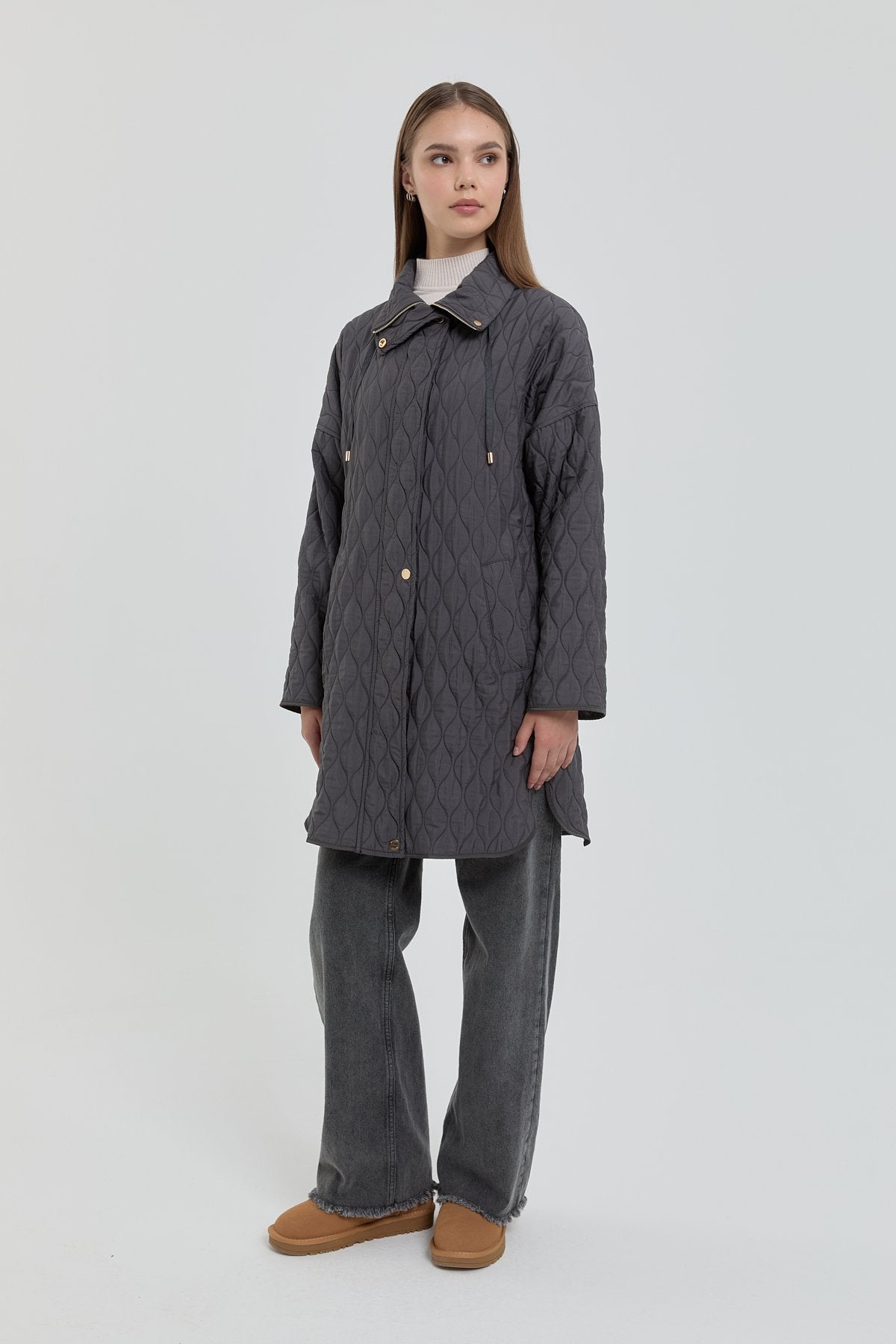 Fine Quilted Coat with Snap Button Detail on the Sides - Anthracite
