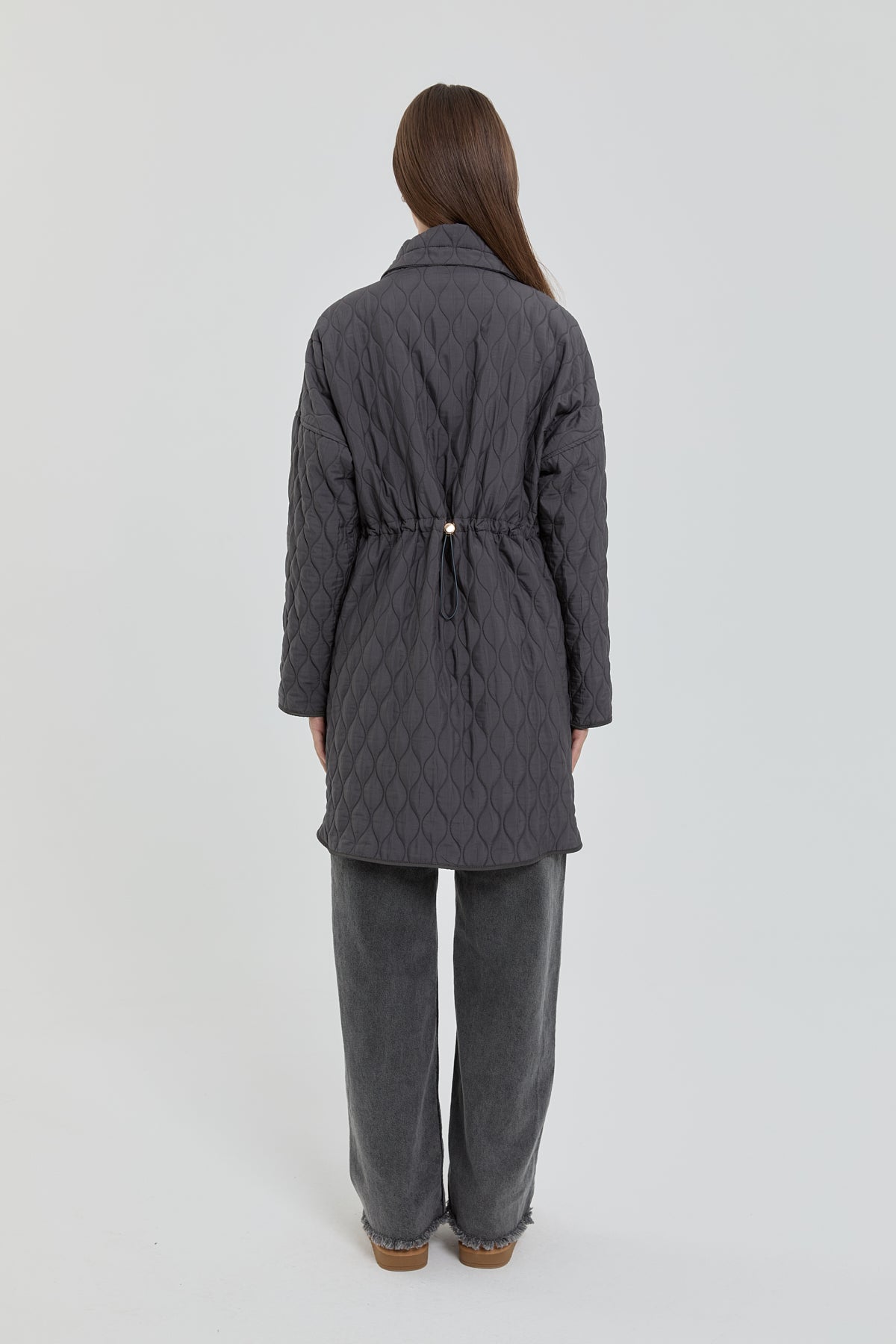 Fine Quilted Coat with Snap Button Detail on the Sides - Anthracite