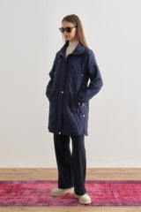 Fine Quilted Coat with Snap Button Details on the Sides - Navy Blue