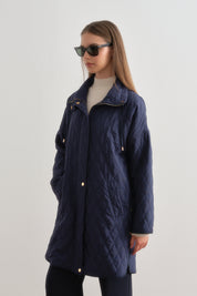 Fine Quilted Coat with Snap Button Details on the Sides - Navy Blue