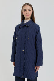 Fine Quilted Coat with Snap Button Details on the Sides - Navy Blue