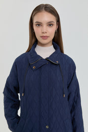 Fine Quilted Coat with Snap Button Details on the Sides - Navy Blue