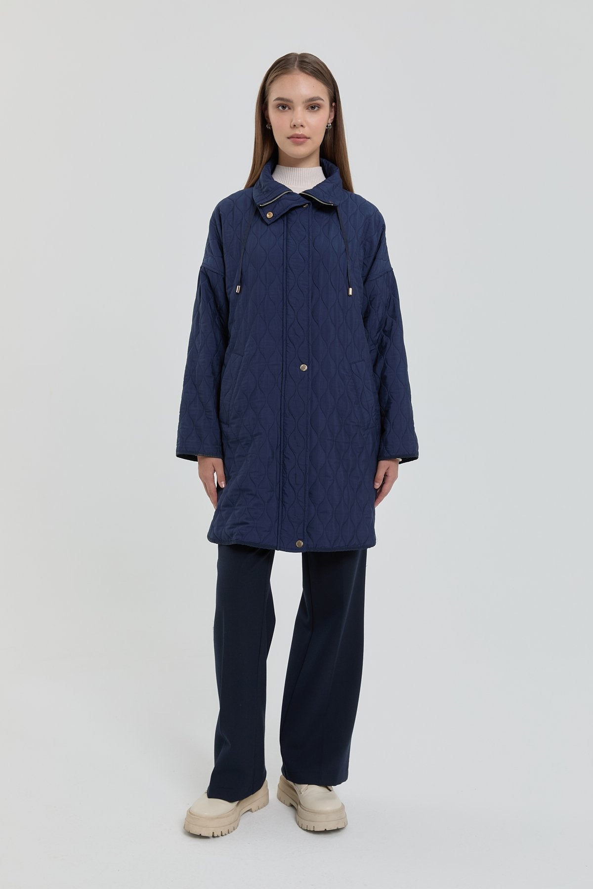 Fine Quilted Coat with Snap Button Details on the Sides - Navy Blue