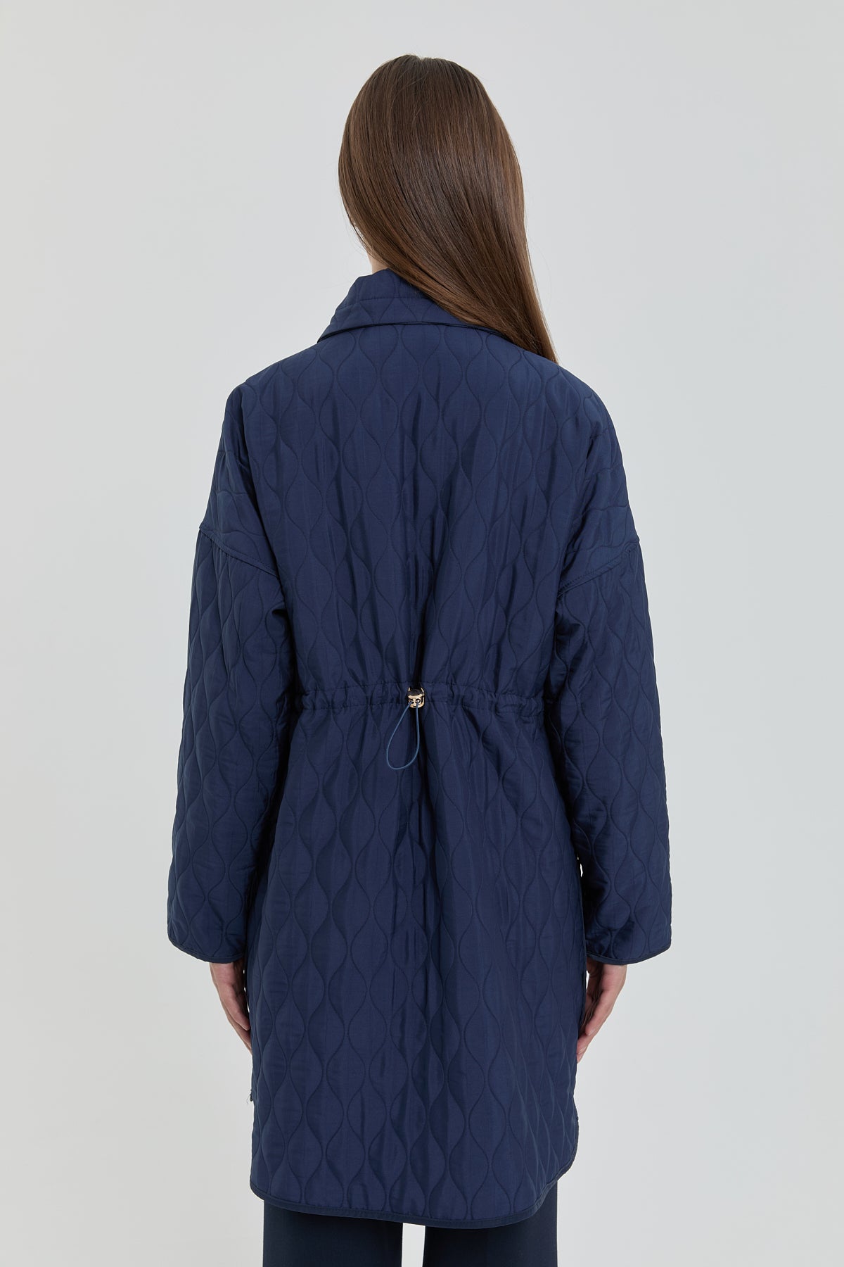 Fine Quilted Coat with Snap Button Details on the Sides - Navy Blue