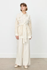 Linen Tunic and Trousers Set with Pearl Buttons - Beige